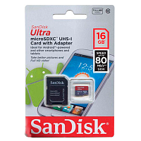Карта памяти SanDisk MicroSD 16Gb Class 10 Ultra Android UHS-I (80 Mb/s) с SD адаптером 