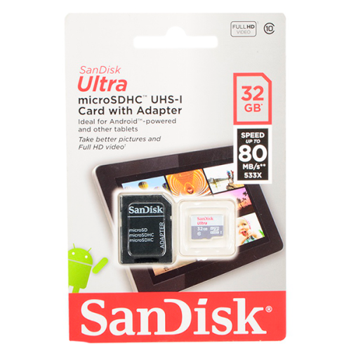 Карта памяти SanDisk MicroSD 32Gb Class 10 Ultra Android UHS-I (80 Mb/s) с SD адаптером